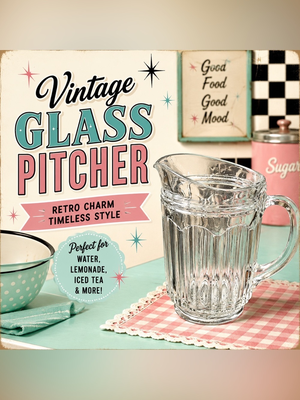 Vintage Clear Pressed Glass Pitcher 64oz